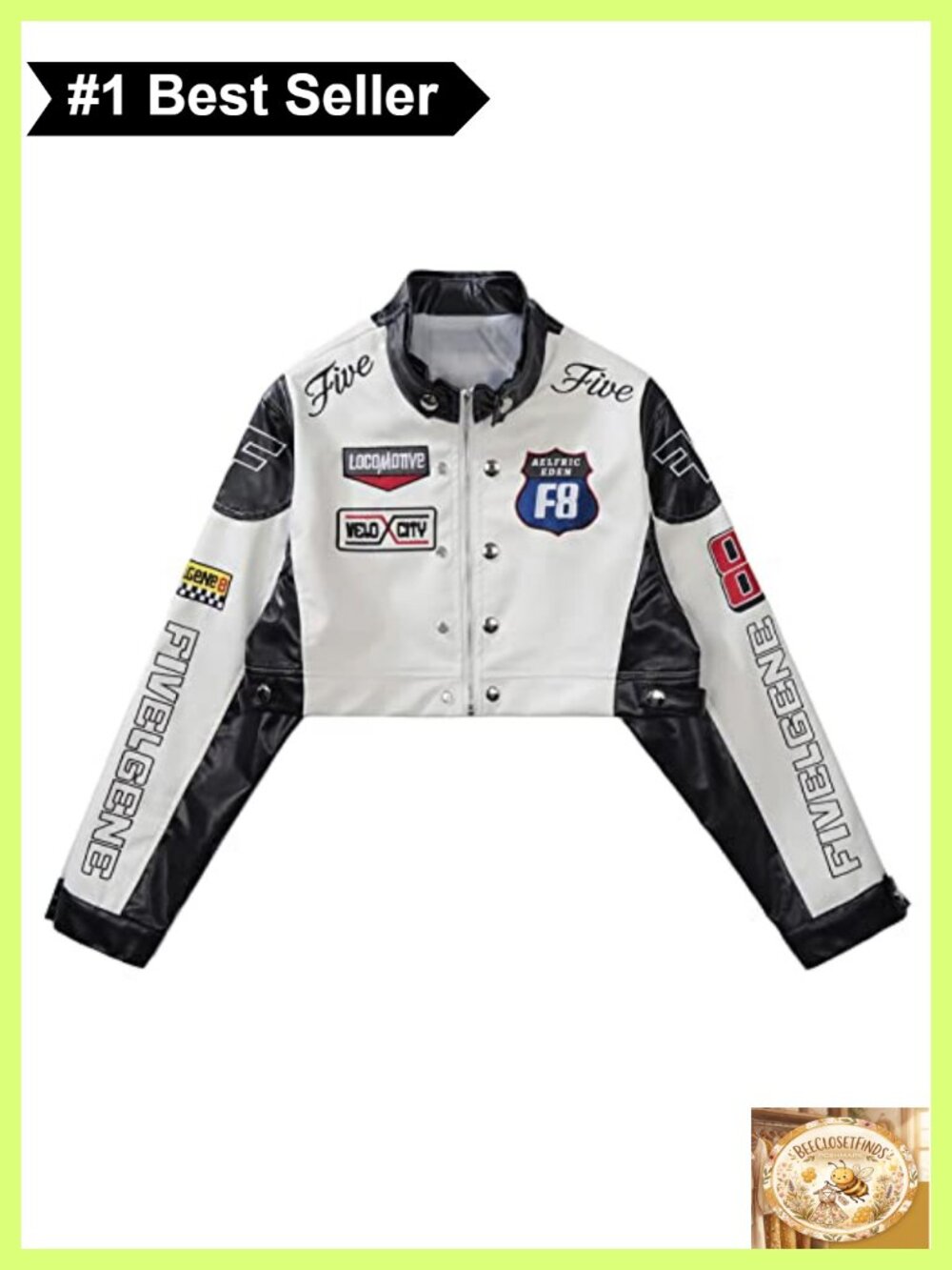 Cropped Faux Leather Moto Biker Jacket Embroidered Racing Zip Coat